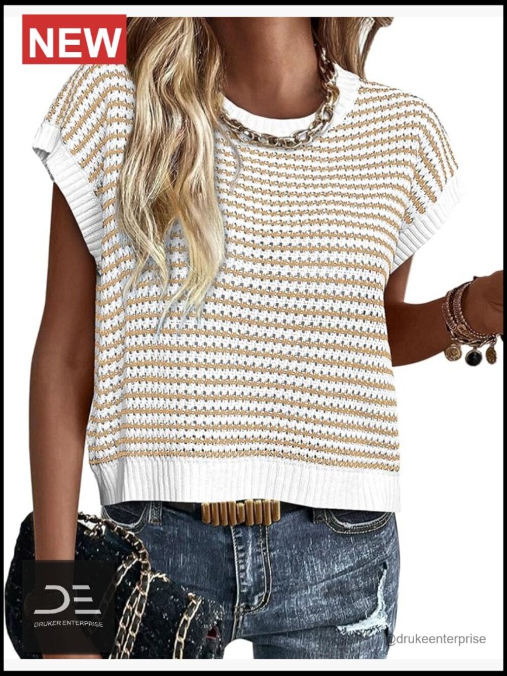 Cap Sleeve Striped Knit Sweater Vest Pullover